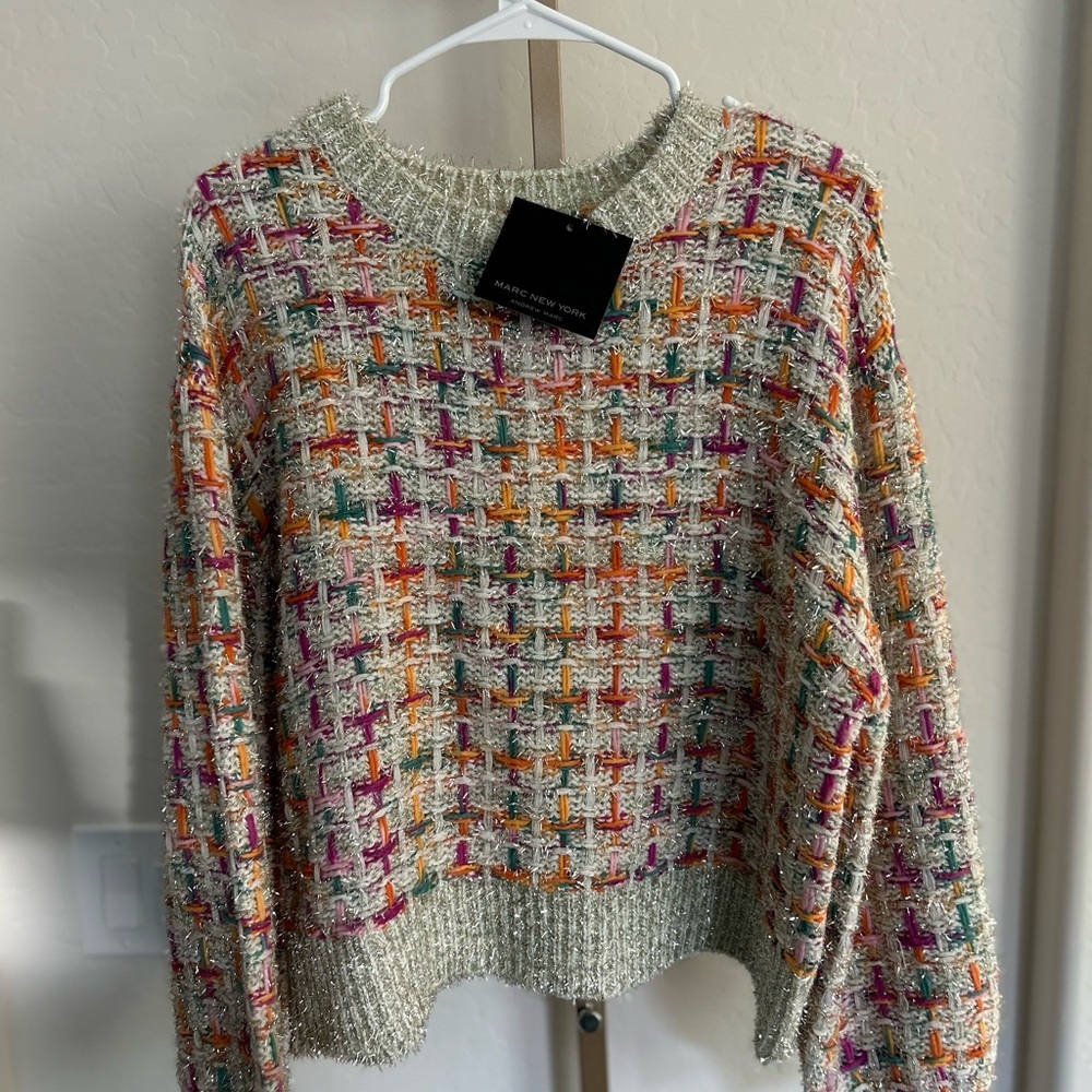 Andrew Marc New York Colorful Rainbow Metallic Tweed Sweater NWT - Picture 2 of 9